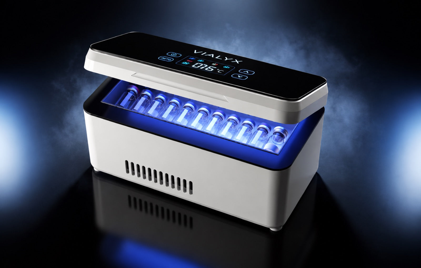 VIALYX precision cooler with peptide vials in cinematic blue light