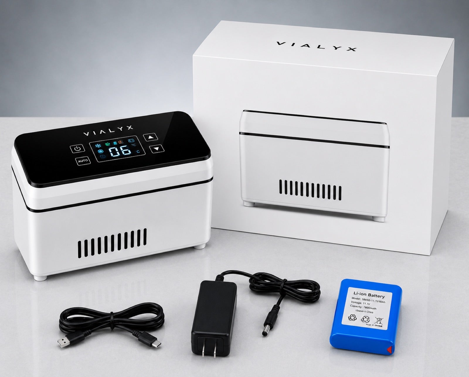 VIALYX unboxed with retail box, USB cable, power adapter and battery
